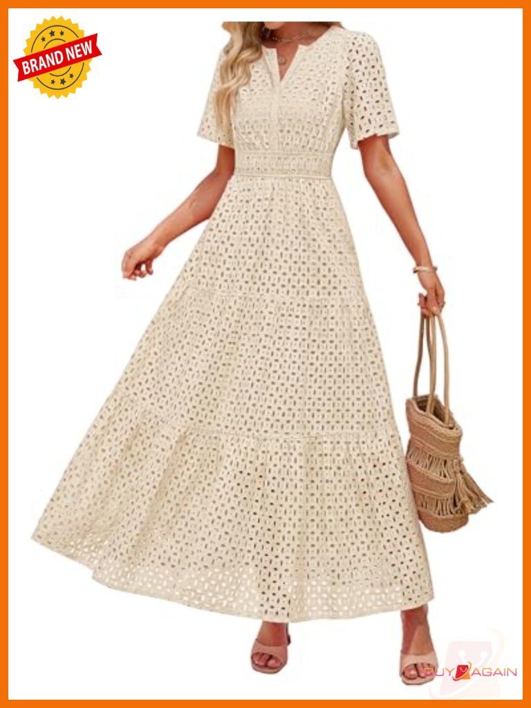 V Neck Short Sleeve Eyelet A Line Beach Vacation Long Maxi Dress